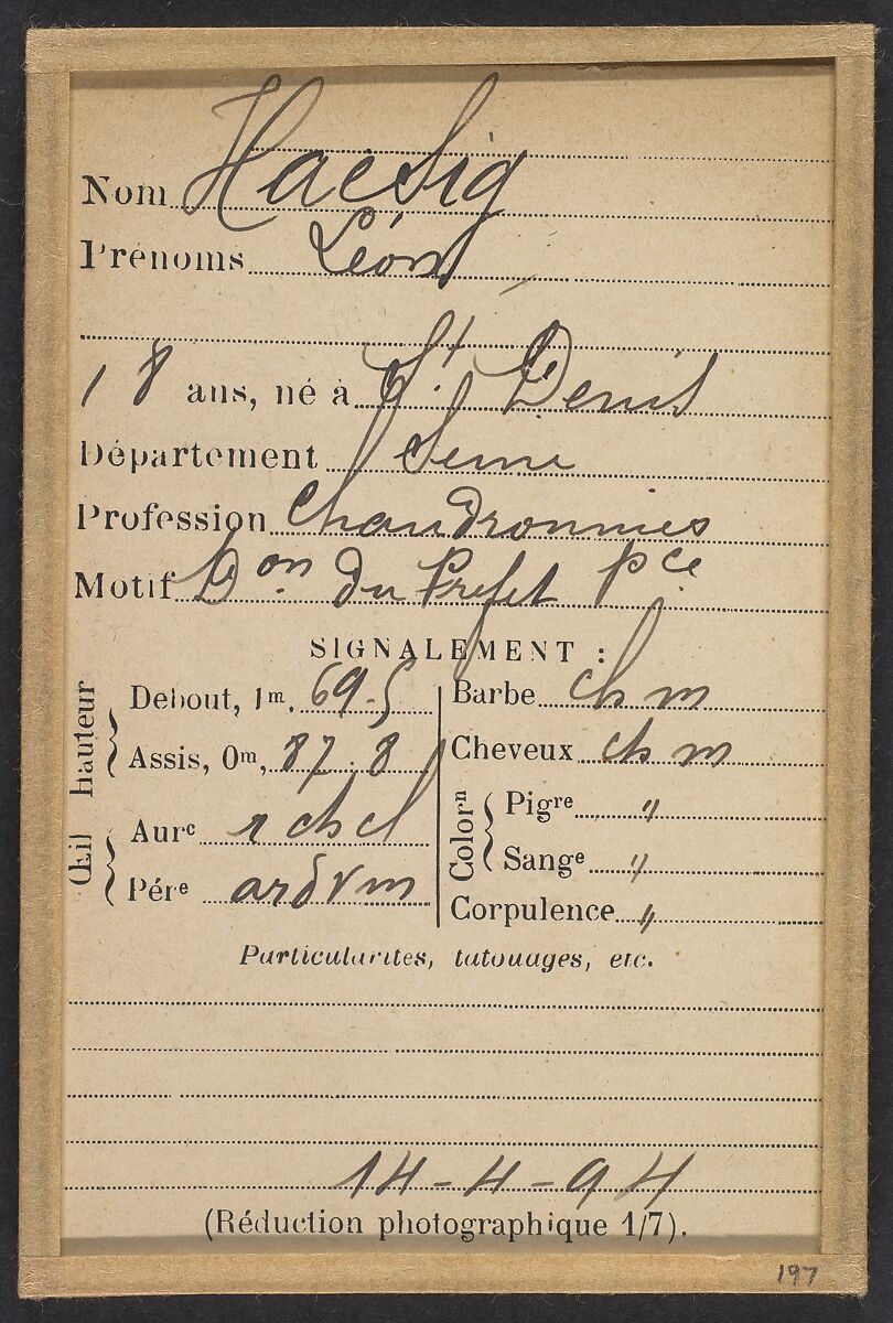 Haesig. Léon. 18 ans, né à St-Denis. Chaudronnier. Disposition du Préfet de Police. 14/4/94., Alphonse Bertillon (French, 1853–1914), Albumen silver print from glass negative