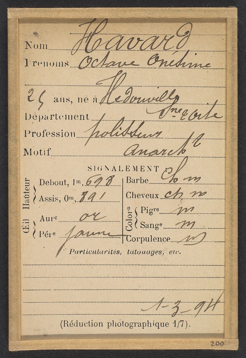 Havard. Octave, Onésime. 25 ans, né à Hedouville (Calvados). Polisseur. Anarchiste. 1/3/94., Alphonse Bertillon (French, 1853–1914), Albumen silver print from glass negative