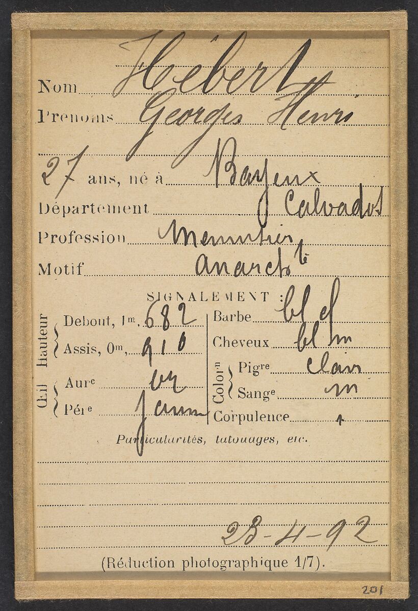 Hébert. Georges, Henri. 27 (ou 29) ans, né à Bayeux (Calvados). Menuisier. Anarchiste. 23/4/92., Alphonse Bertillon (French, 1853–1914), Albumen silver print from glass negative