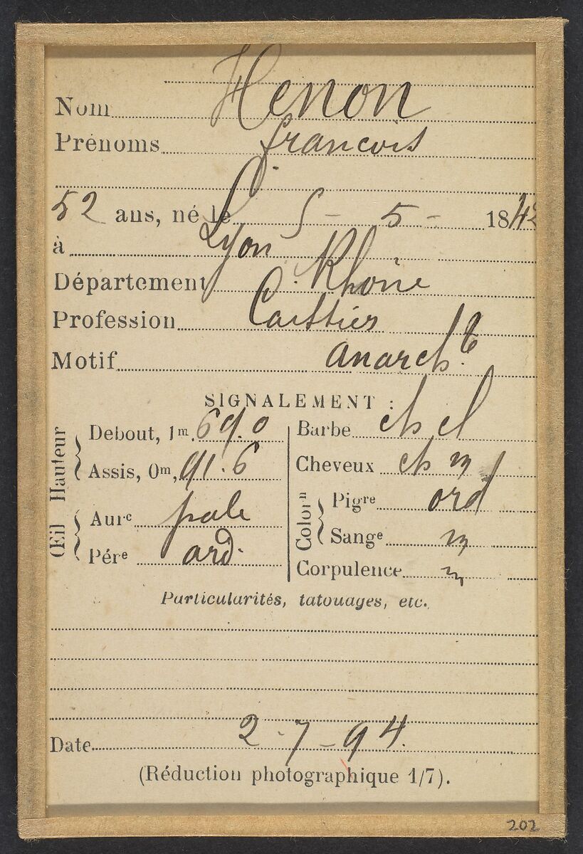 Henon. François. 52 ans, né le 5/5/42 à Lyon (Rhône). Caissier. Anarchiste. 2/7/94., Alphonse Bertillon (French, 1853–1914), Albumen silver print from glass negative