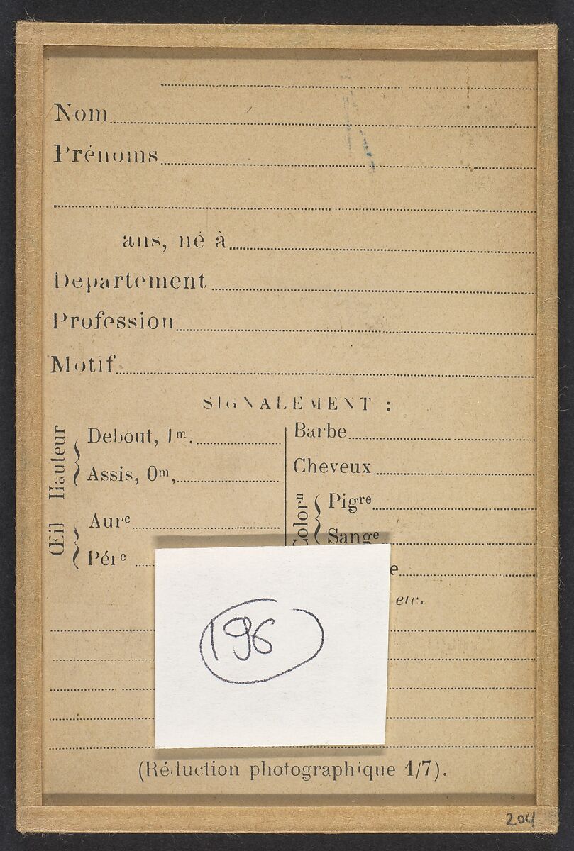 Henry. Émile. (auteur de l'attentat de l'Hotel St-Lazare), Alphonse Bertillon (French, 1853–1914), Albumen silver print from glass negative