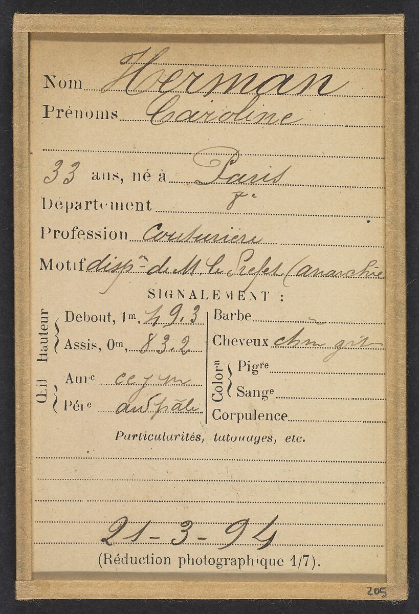 Herman. Caroline. 33 ans, née à Paris Vllle. Couturière. Disposition du Préfet (Anarchie). 21/3/94., Alphonse Bertillon (French, 1853–1914), Albumen silver print from glass negative