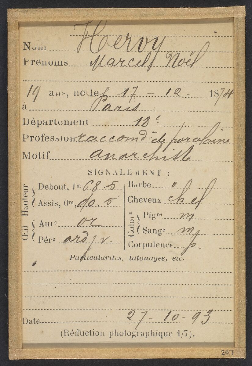 Hervy. Marcel, Noël. 19 ans, né à Paris XVIIIe. Raccommodeur de porcelaine. Anarchiste. 27/10/93., Alphonse Bertillon (French, 1853–1914), Albumen silver print from glass negative