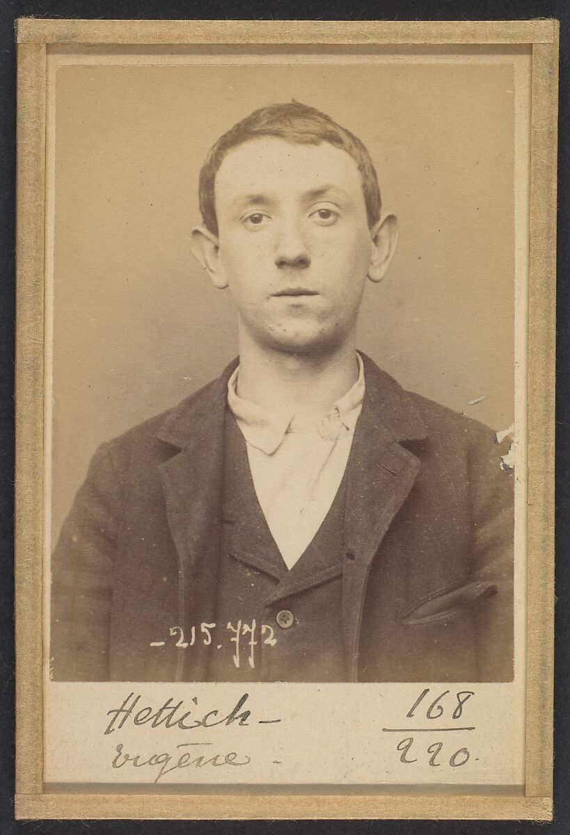 Hettich (ou Hettig). Eugène. 17 ans, né le 6/1/77 à Paris XXe. Cocher. Anarchiste. 16/3/94., Alphonse Bertillon (French, 1853–1914), Albumen silver print from glass negative 