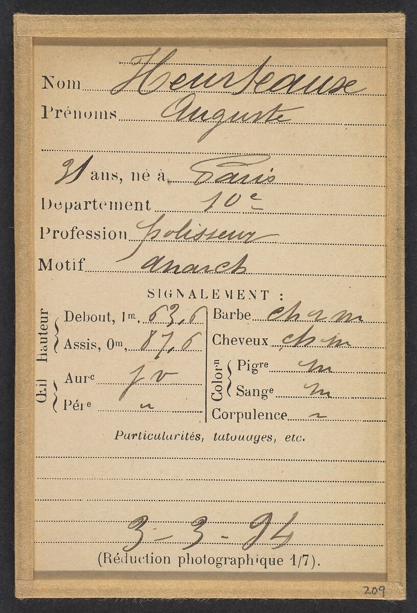 Heurteaux. Auguste. 31 ans, né à Paris Xe. Polisseur. Anarchiste. 3/3/94., Alphonse Bertillon (French, 1853–1914), Albumen silver print from glass negative