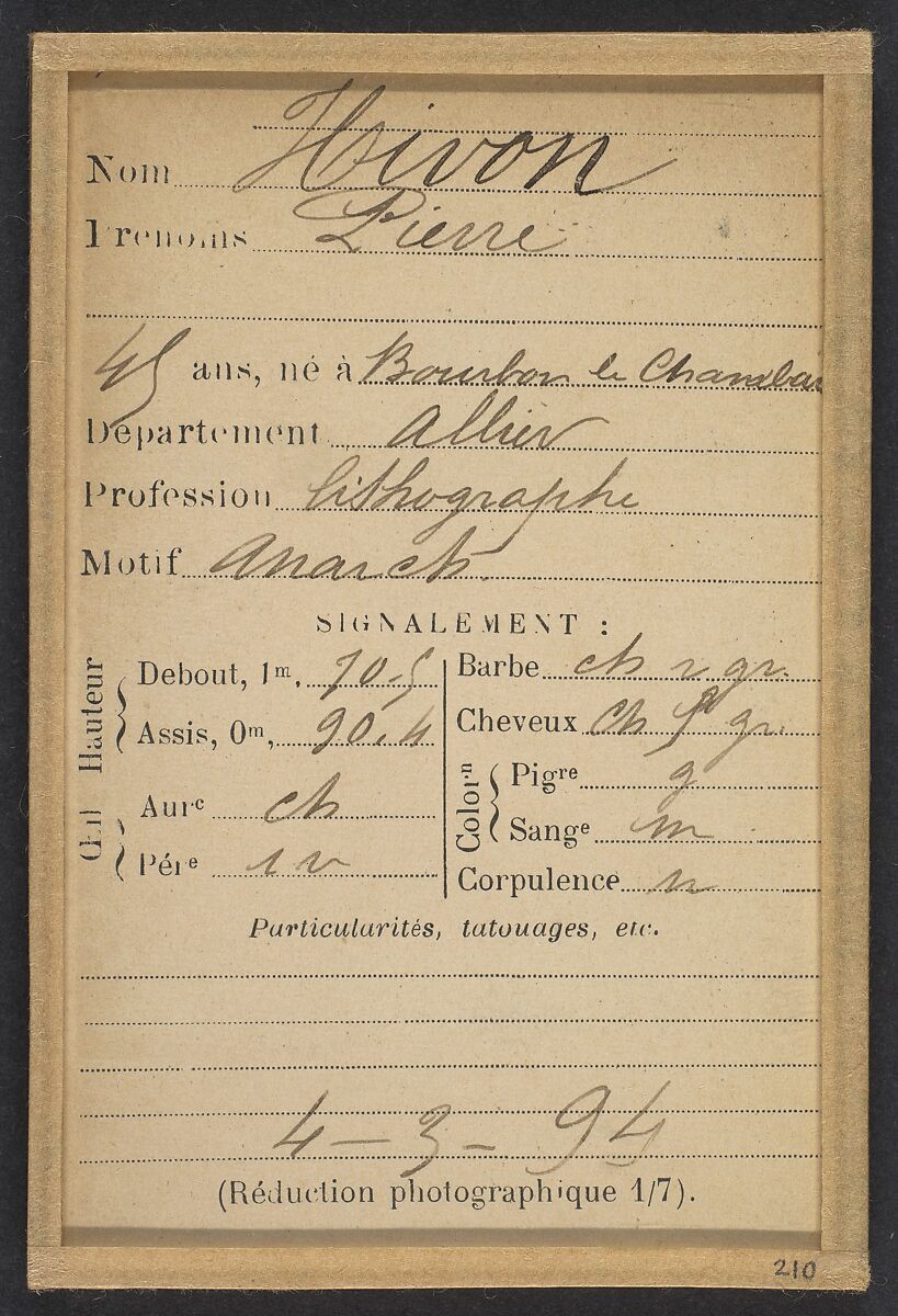 Hivon. Pierre. 45 ans, né à Bourbon le Chambai (Allier). Lithographe. Anarchiste. 4/3/94., Alphonse Bertillon (French, 1853–1914), Albumen silver print from glass negative