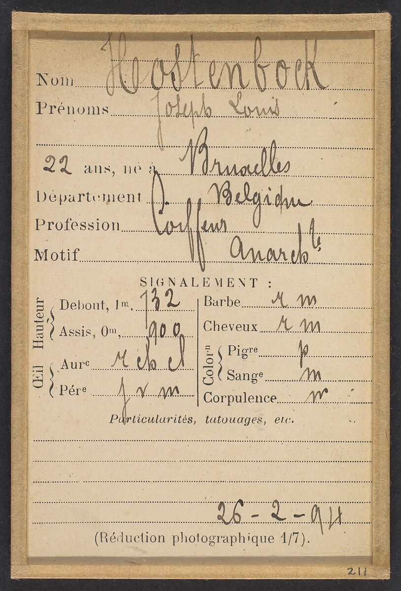 Hostenbock. Joseph, Louis. 22 ans, né à Bruxelles (Belgique). Coiffeur. Anarchiste. 26/2/94., Alphonse Bertillon (French, 1853–1914), Albumen silver print from glass negative