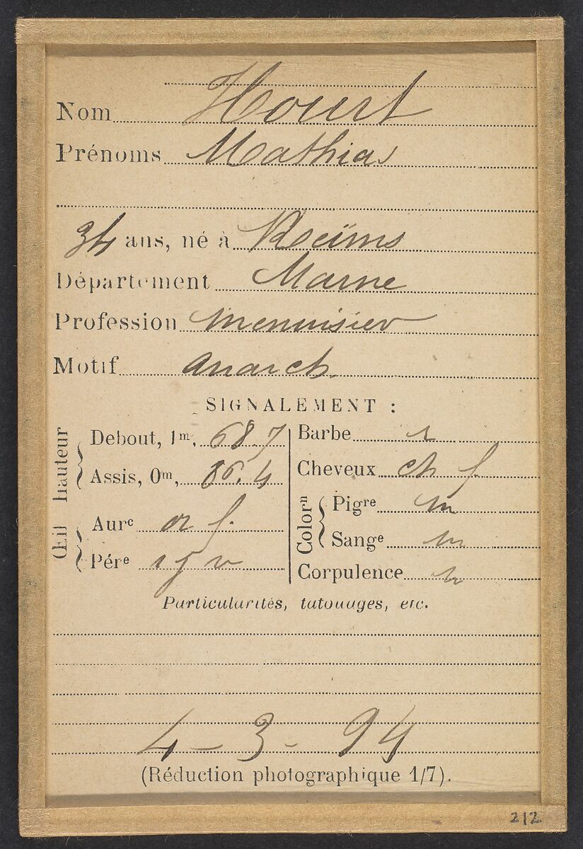 Hourt. Jean. 34 (ou 35) ans, né à Reims (Marne). Menuisier. Anarchiste. 4/3/94., Alphonse Bertillon (French, 1853–1914), Albumen silver print from glass negative
