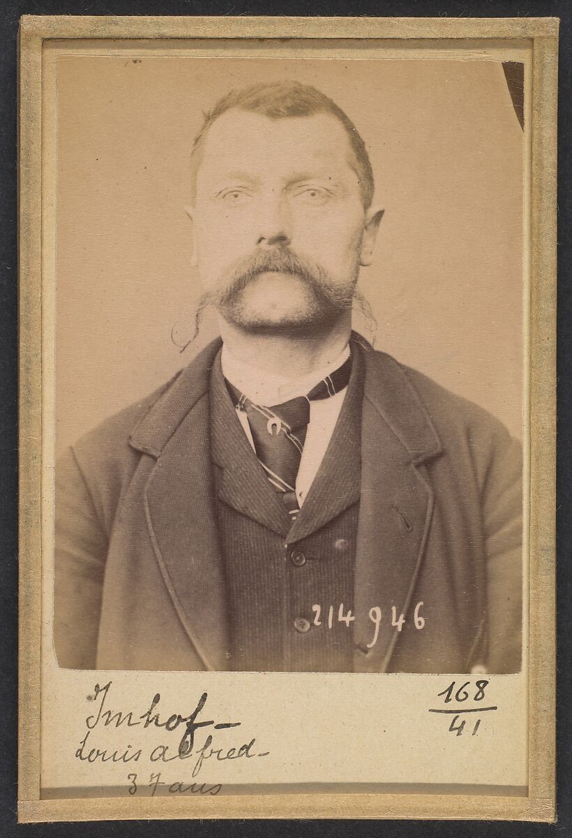 Imhof. Louis, Alfred. 37 ans, né à Mex (Suisse). Journalier. Anarchiste. 1/3/94., Alphonse Bertillon (French, 1853–1914), Albumen silver print from glass negative 