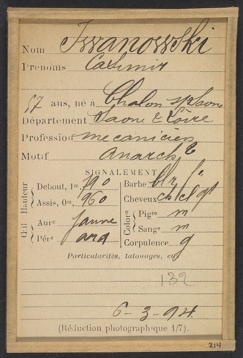 Iv(w)anowski. Casimir. 57 ans, né à Chalon-sur-Saône (Saône & Loire). Mécanicien. Anarchiste. 6/3/94., Alphonse Bertillon (French, 1853–1914), Albumen silver print from glass negative