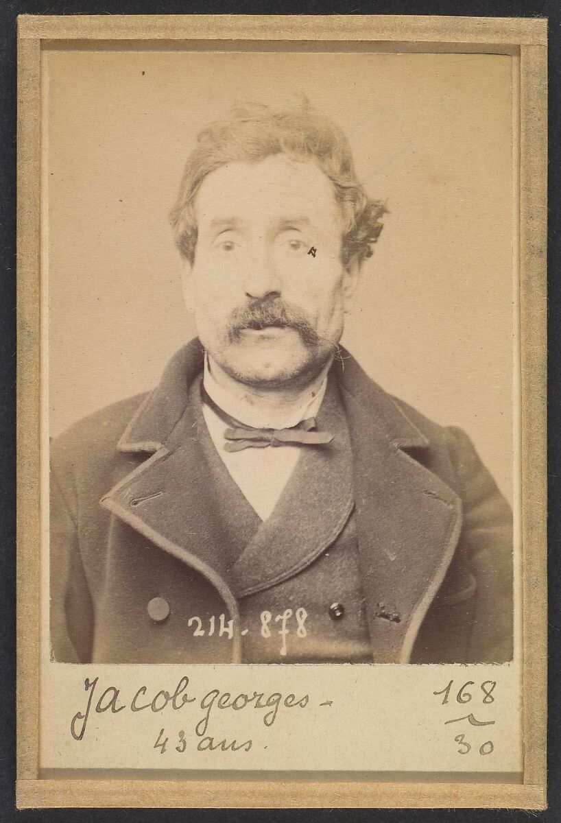 Jacob. Georges, Gustave. 43 ans, né à Paris XVIIe. Journalier. Anarchiste. 27/2/94., Alphonse Bertillon (French, 1853–1914), Albumen silver print from glass negative 
