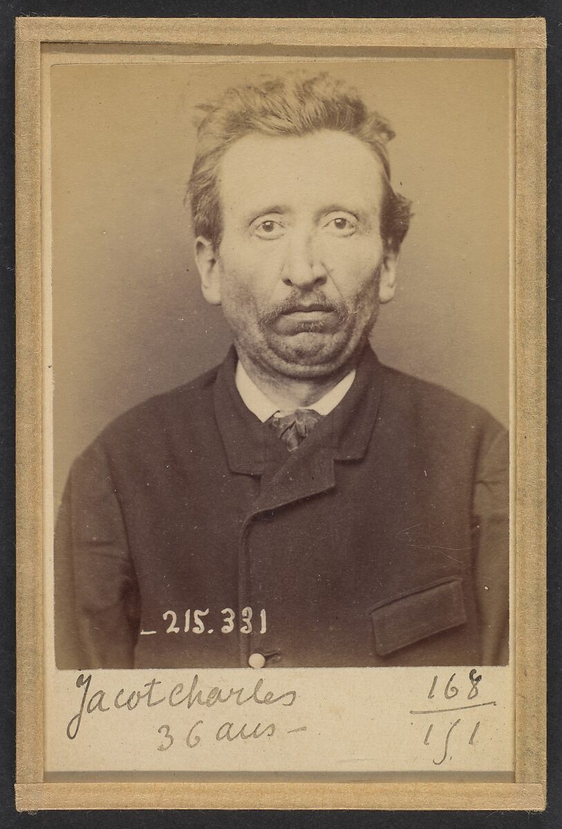 Jacot. Charles, Émile. 36 ans, né à Allenjoie (Doubs). Colporteur Anarchiste. 8/3/94., Alphonse Bertillon (French, 1853–1914), Albumen silver print from glass negative 