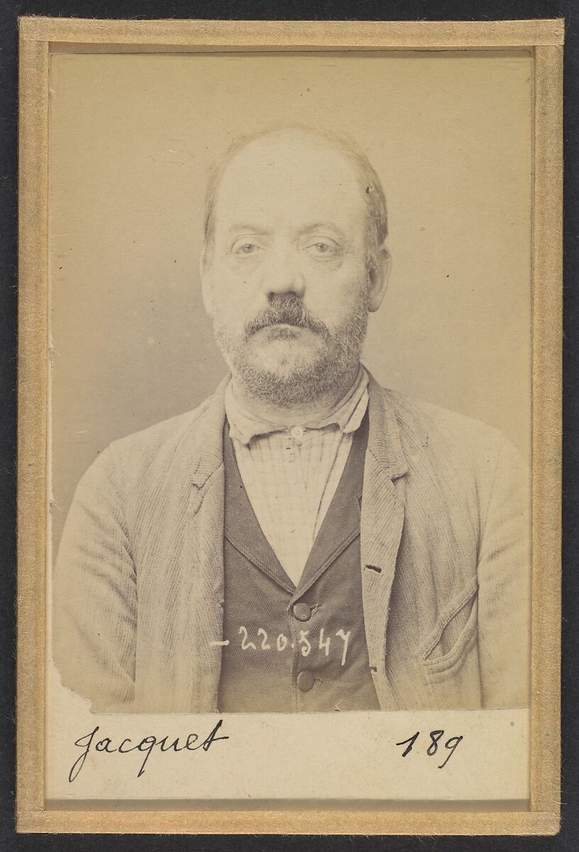 Jacquet. Hippolyte, Edouard. 49 ans, né le 15/3/45 à Paris Ille. Sellier-maroquinier. Anarchiste. 3/7/94., Alphonse Bertillon (French, 1853–1914), Albumen silver print from glass negative 