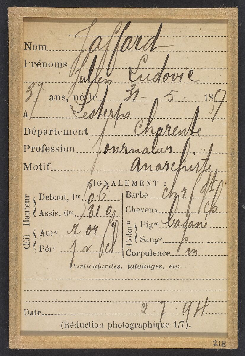 Jaffard. Julien, Ludovic. 37 ans, né le 31/5/57 à Lesterps (Charente). Journalier. Anarchiste. 2/7/94., Alphonse Bertillon (French, 1853–1914), Albumen silver print from glass negative