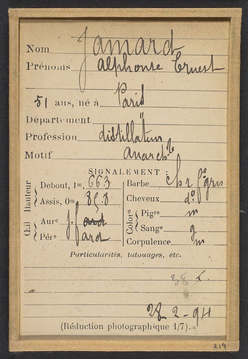 Jamard. Alphonse, Ernest. 51 ans, né à Paris. Distillateur. Anarchiste. 28/2/94., Alphonse Bertillon (French, 1853–1914), Albumen silver print from glass negative