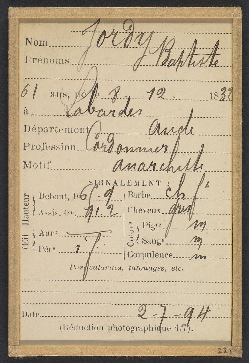 Jordy. Baptiste. 61 ans, né le 8/72/32 à Labardes (Aude). Cordonnier. Anarchiste. 2/7/94., Alphonse Bertillon (French, 1853–1914), Albumen silver print from glass negative