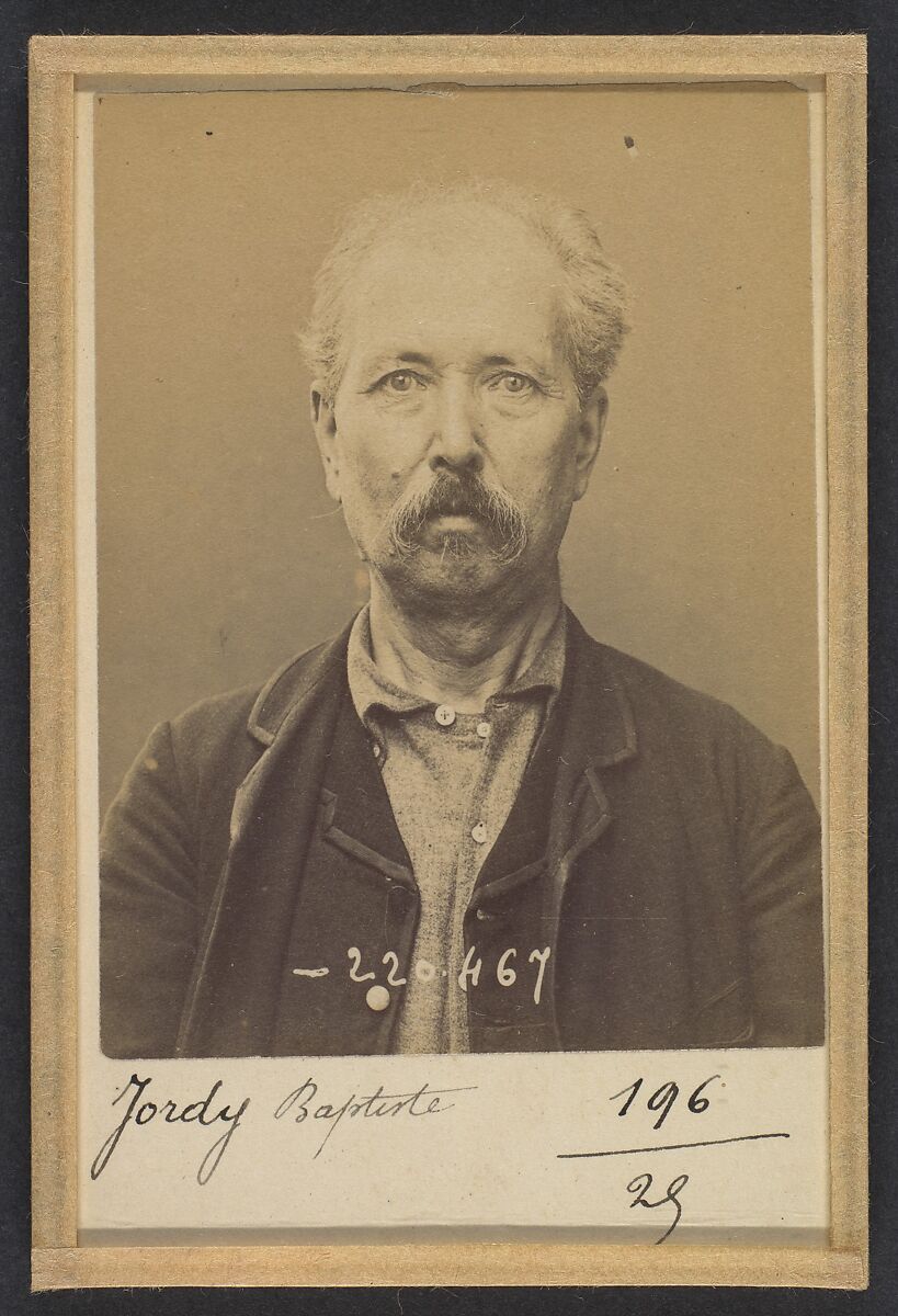 Jordy. Baptiste. 61 ans, né le 8/72/32 à Labardes (Aude). Cordonnier. Anarchiste. 2/7/94., Alphonse Bertillon (French, 1853–1914), Albumen silver print from glass negative 