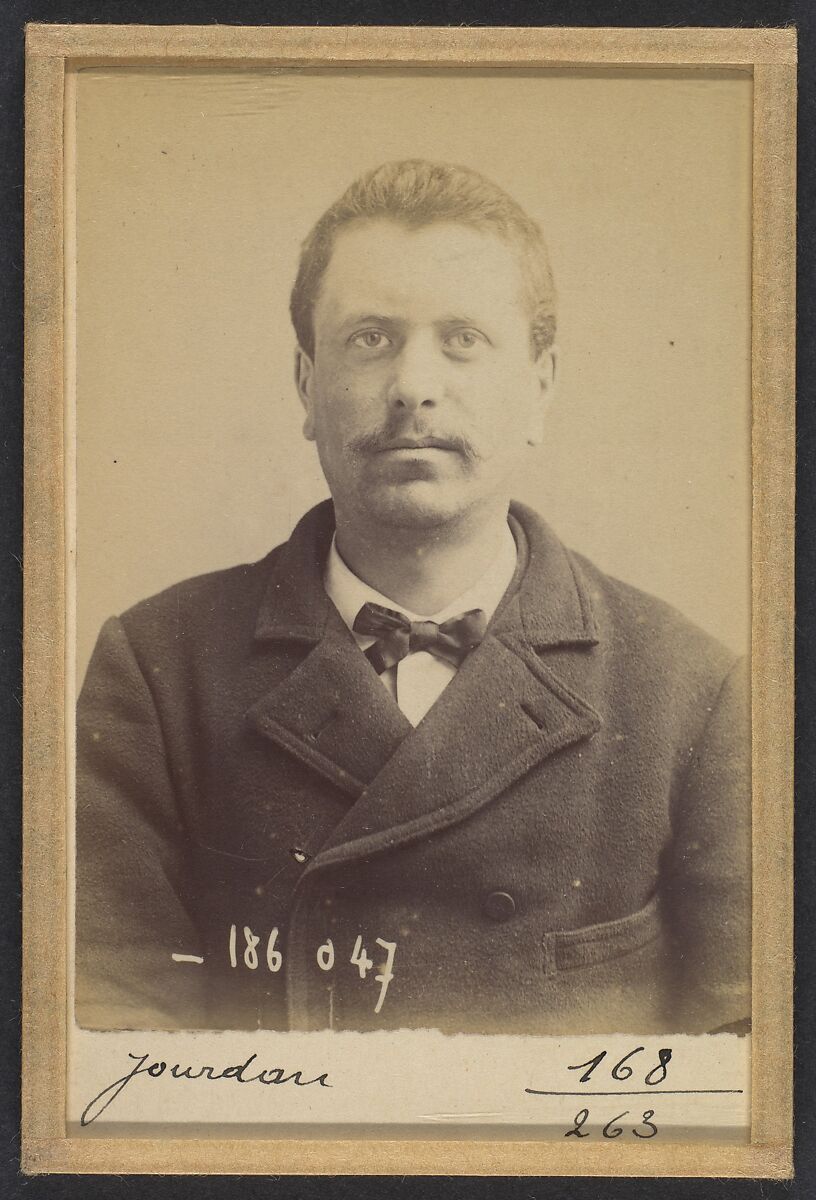 Jourdan. Numa. 30 ans, né le 27/8/61 à Courbevoie (Seine). Teinturier. Anarchiste. 23/4/92., Alphonse Bertillon (French, 1853–1914), Albumen silver print from glass negative 