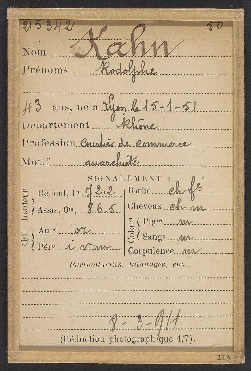 Kahn. Rodolphe. 43 ans, né le 15/1/51 à Lyon (Rhône). Courtier de commerce. Anarchiste. 8/3/94., Alphonse Bertillon (French, 1853–1914), Albumen silver print from glass negative