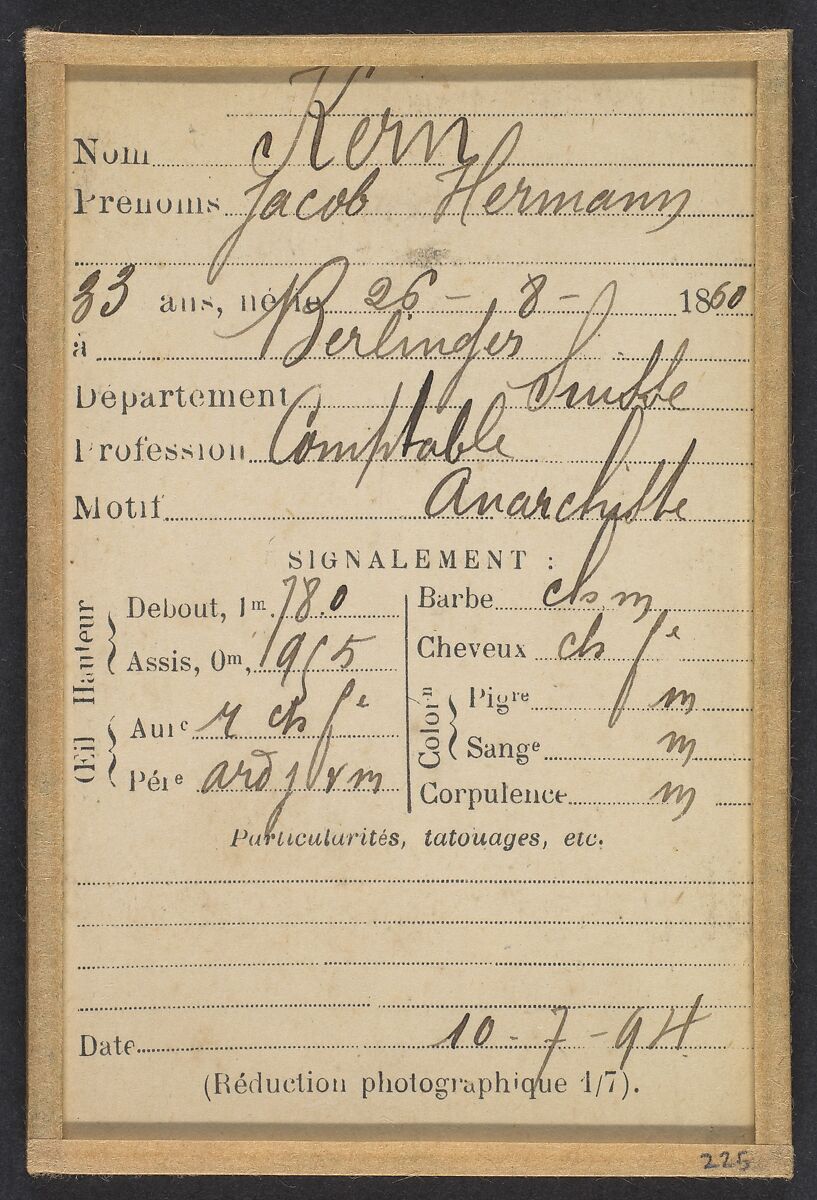Kern. Jacob, Hermann. 33 ans, né le 26/8/60 à Berlinger (Suisse). Comptable. Anarchiste. 10/7/94., Alphonse Bertillon (French, 1853–1914), Albumen silver print from glass negative