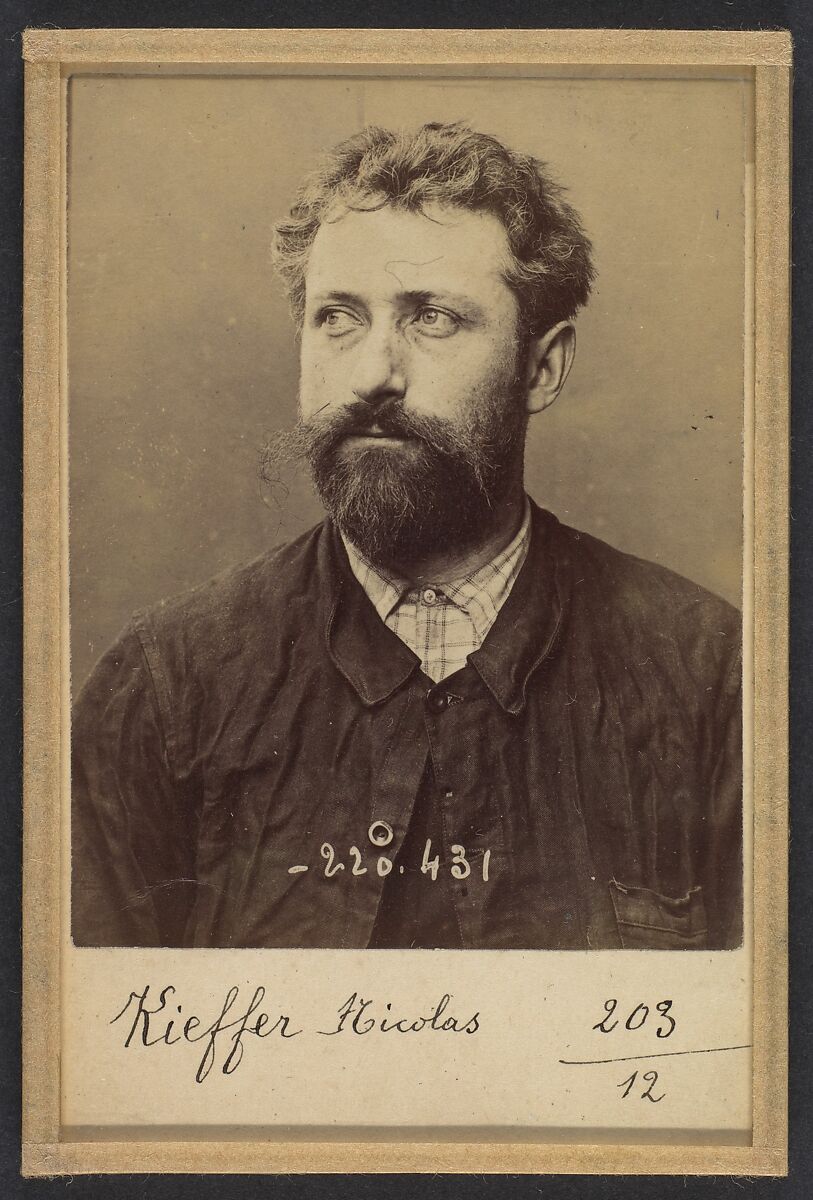 Kieffer. Nicolas. 35 ans, né le 8/4/59 à Haltuiller (Meurthe). Menuisier. Anarchiste. 2/7/94., Alphonse Bertillon (French, 1853–1914), Albumen silver print from glass negative 