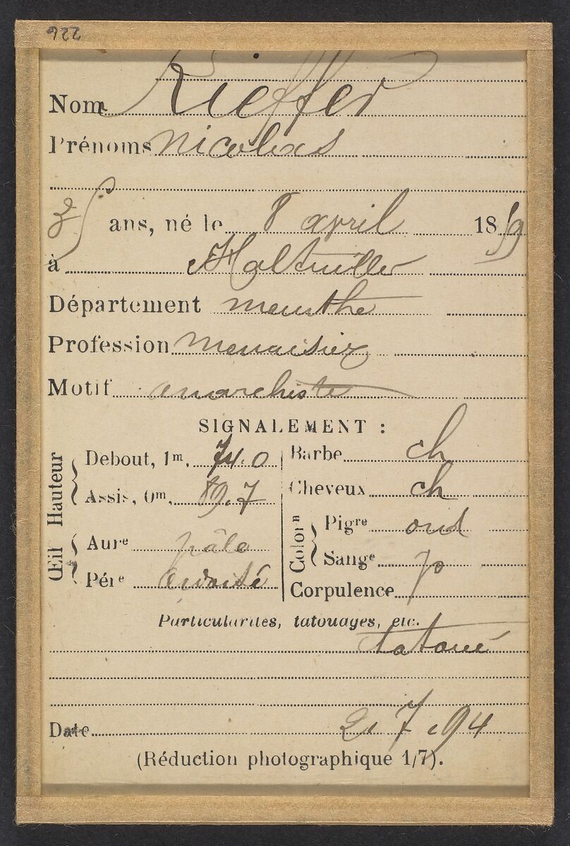 Kieffer. Nicolas. 35 ans, né le 8/4/59 à Haltuiller (Meurthe). Menuisier. Anarchiste. 2/7/94., Alphonse Bertillon (French, 1853–1914), Albumen silver print from glass negative