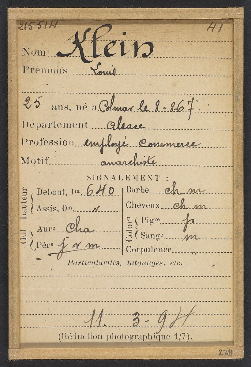Klein. Louis. 25 ans, né le 8/8/67 à Colmar (Alsace). Employé de commerce. Anarchiste. 11/3/94., Alphonse Bertillon (French, 1853–1914), Albumen silver print from glass negative