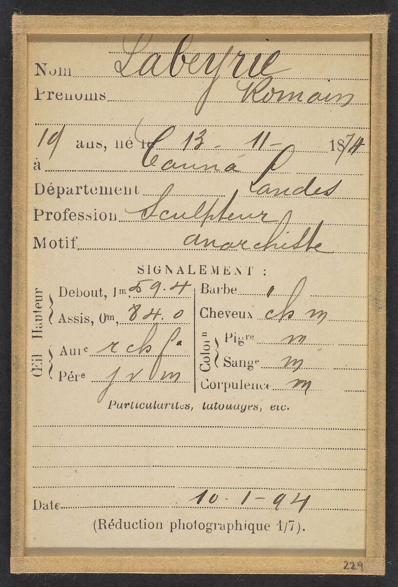 Labeyrie. Romain. 19 ans, né le 13/11/74 à Cauna (Landes). Sculpteur. Anarchiste. 10/1/94., Alphonse Bertillon (French, 1853–1914), Albumen silver print from glass negative