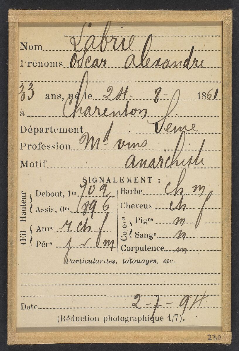 Labrie. Oscar, Alexandre. 33 ans, né à Charenton (Seine). Marchand de vins. Anarchiste. 2/7/94., Alphonse Bertillon (French, 1853–1914), Albumen silver print from glass negative