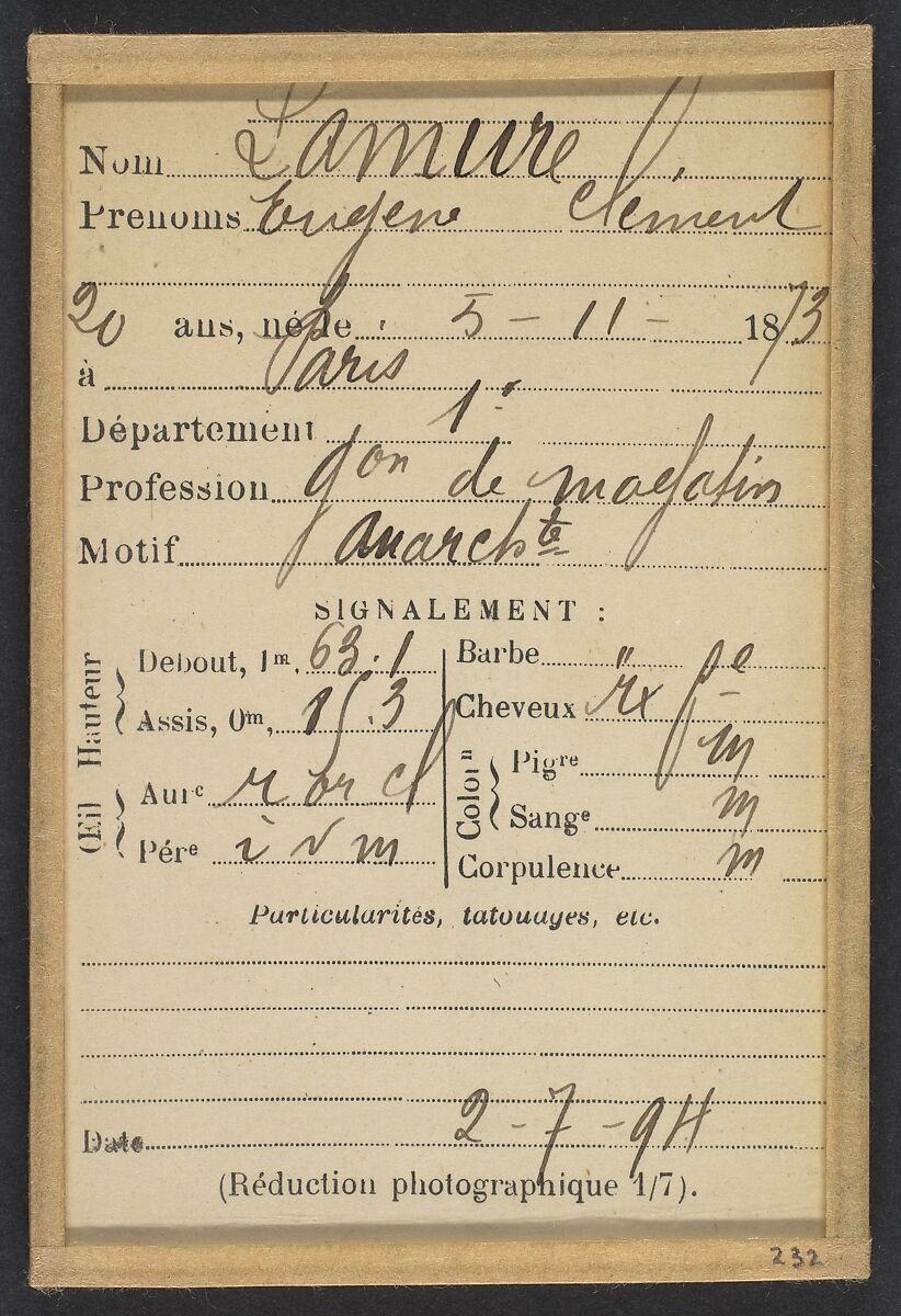 Lamure. Eugène, Clément. 20 ans, né le 5/11/73 à Paris Ier. Gérant de magasin. Anarchiste. 2/7/94., Alphonse Bertillon (French, 1853–1914), Albumen silver print from glass negative