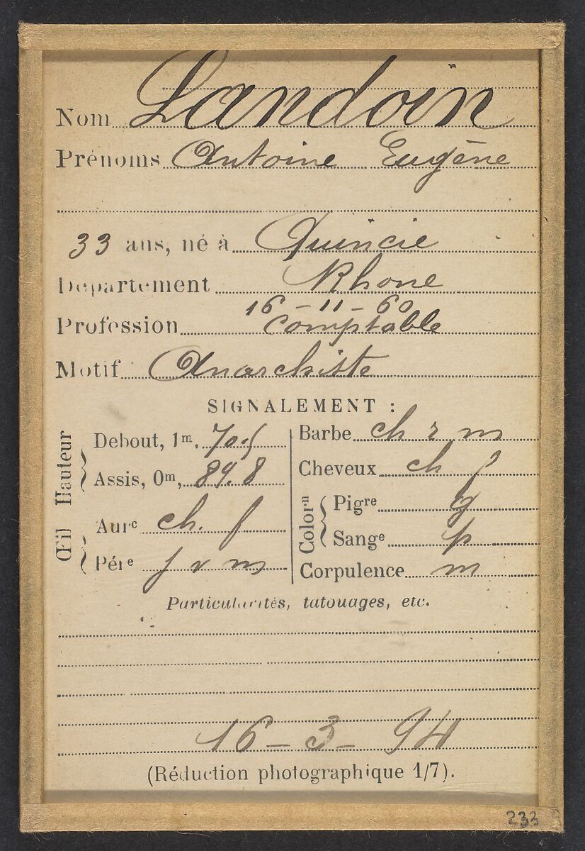 Landoin. Antoine, Eugène. 33 ans, né le 16/11/60 à Quincie (Rhône). Comptable. Anarchiste. 16/3/94., Alphonse Bertillon (French, 1853–1914), Albumen silver print from glass negative