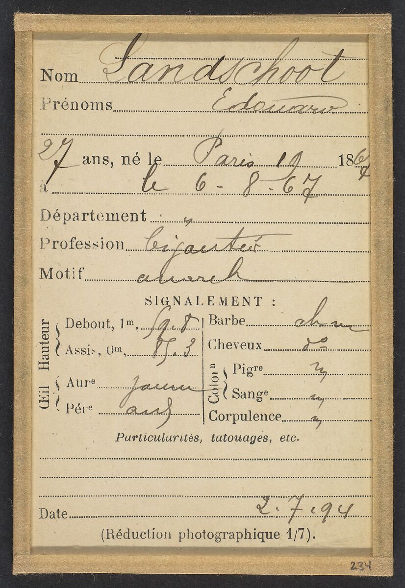 Landschoot. Edouard. 27 ans, né le 6/8/67 à Paris. Bijoutier. Anarchiste. 2/7/94., Alphonse Bertillon (French, 1853–1914), Albumen silver print from glass negative