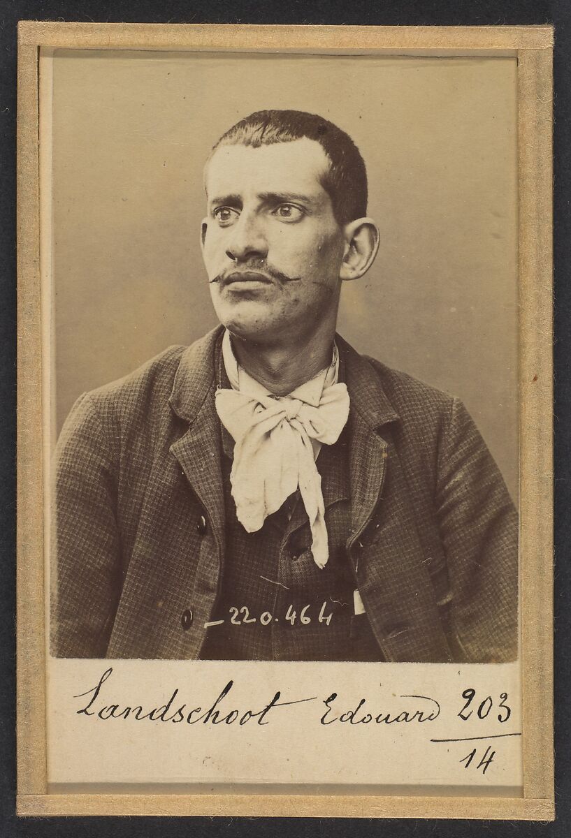 Landschoot. Edouard. 27 ans, né le 6/8/67 à Paris. Bijoutier. Anarchiste. 2/7/94., Alphonse Bertillon (French, 1853–1914), Albumen silver print from glass negative 