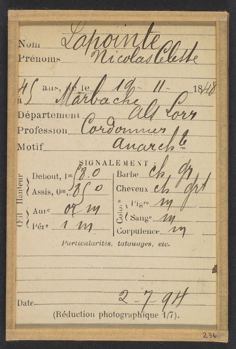 Lapointe. Nicolas, Céleste. 45 ans, né à Marbach (Alsace-Lorraine). Cordonnier. Anarchiste. 2/7/94., Alphonse Bertillon (French, 1853–1914), Albumen silver print from glass negative