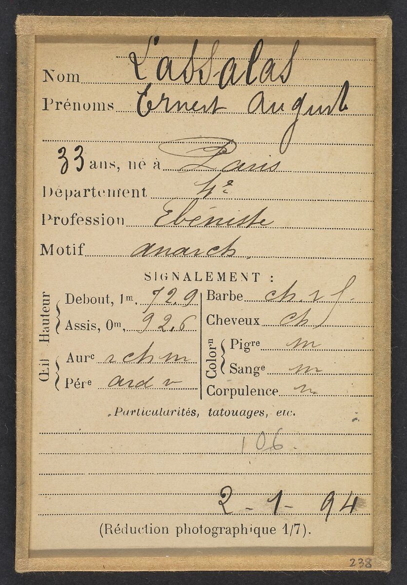 Lassalas. Ernest, Auguste. 33 ans, né à Paris IVe. Ébéniste. Anarchiste. 2/1/94, Alphonse Bertillon (French, 1853–1914), Albumen silver print from glass negative