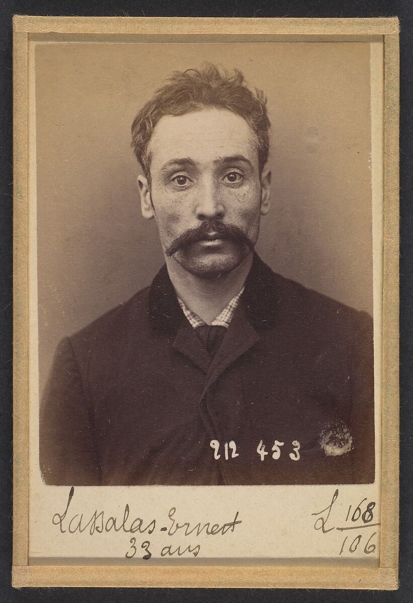 Lassalas. Ernest, Auguste. 33 ans, né à Paris IVe. Ébéniste. Anarchiste. 2/1/94, Alphonse Bertillon (French, 1853–1914), Albumen silver print from glass negative 
