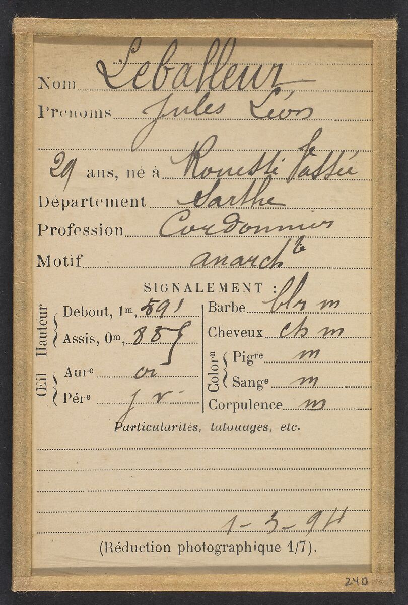 Leballeur. Jules, Léon. 29 (ou 30) ans, né à Rouissé Jassée (Sarthe). Cordonnier. Anarchiste. 1/3/94., Alphonse Bertillon (French, 1853–1914), Albumen silver print from glass negative