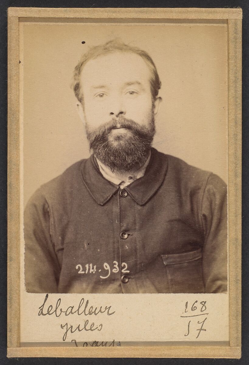 Leballeur. Jules, Léon. 29 (ou 30) ans, né à Rouissé Jassée (Sarthe). Cordonnier. Anarchiste. 1/3/94., Alphonse Bertillon (French, 1853–1914), Albumen silver print from glass negative 