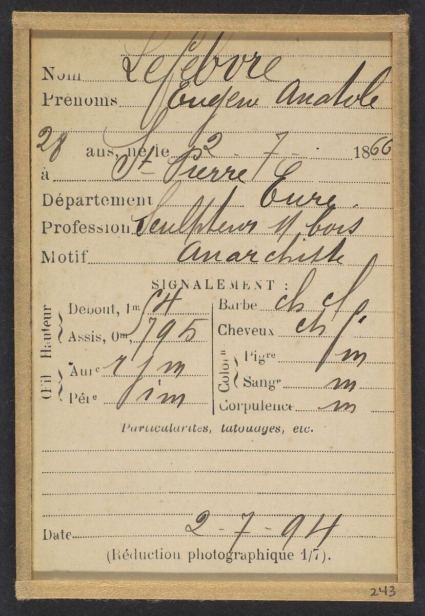 Lefebvre. Eugène, Anatole. 28 ans, né le 2/7/66 à St Pierre (Eure). Sculpteur sur bois. Anarchiste. 2/7/94., Alphonse Bertillon (French, 1853–1914), Albumen silver print from glass negative