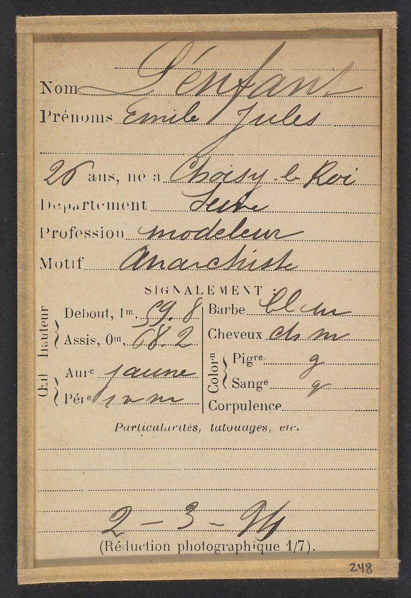 Lenfant. Émile, Jules. 26 ans, né à Choisy-le-Roi (Seine). Modeleur. Anarchiste. 2/3/94., Alphonse Bertillon (French, 1853–1914), Albumen silver print from glass negative