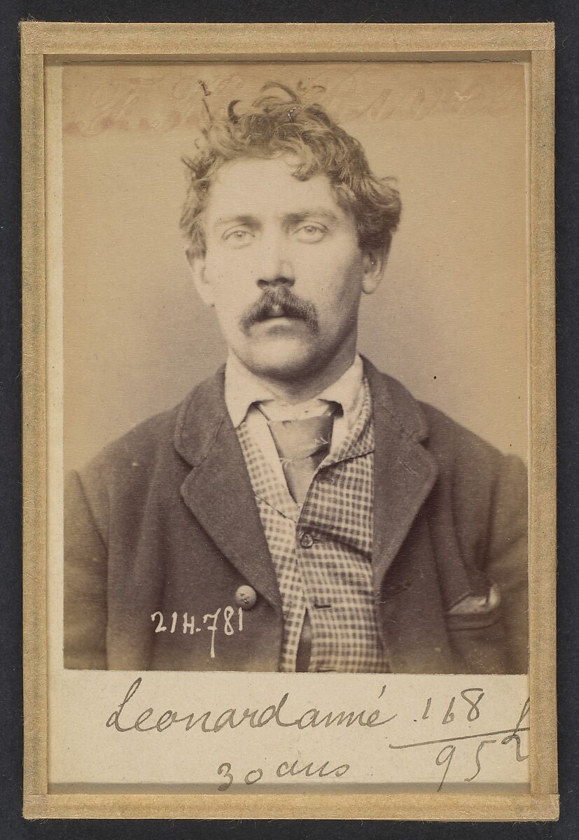 Léonard. Aimé. 30 ans, né à Chalonné/s/Loire (Maine & Loire). Mineur ou gazier. Anarchiste. 27/2/94., Alphonse Bertillon (French, 1853–1914), Albumen silver print from glass negative 