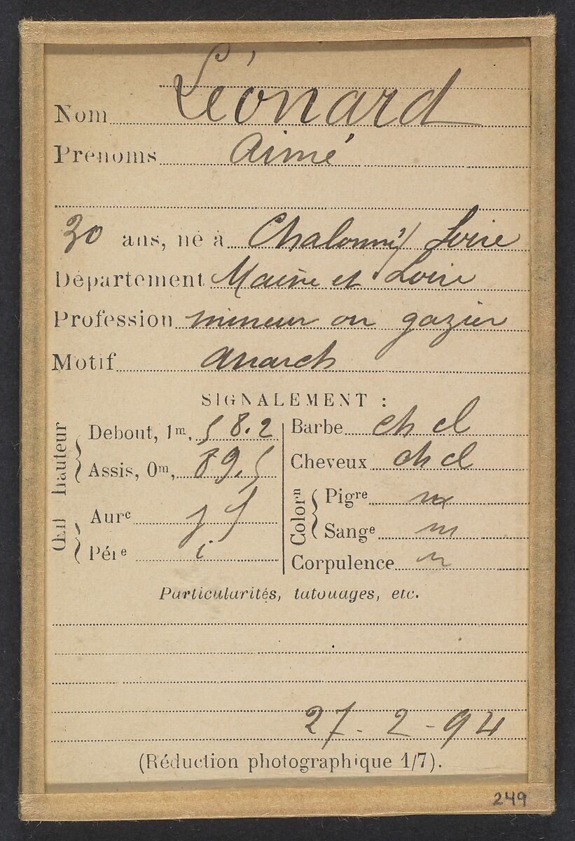 Léonard. Aimé. 30 ans, né à Chalonné/s/Loire (Maine & Loire). Mineur ou gazier. Anarchiste. 27/2/94., Alphonse Bertillon (French, 1853–1914), Albumen silver print from glass negative
