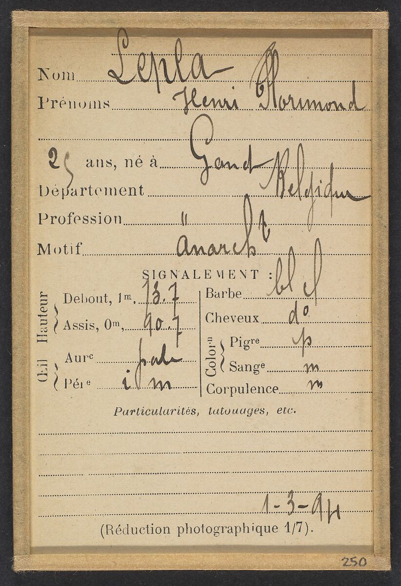 Lepla. Henri, Florimond. 25 ans, né à Gand (Belgique). Anarchiste. 1/3/94., Alphonse Bertillon (French, 1853–1914), Albumen silver print from glass negative