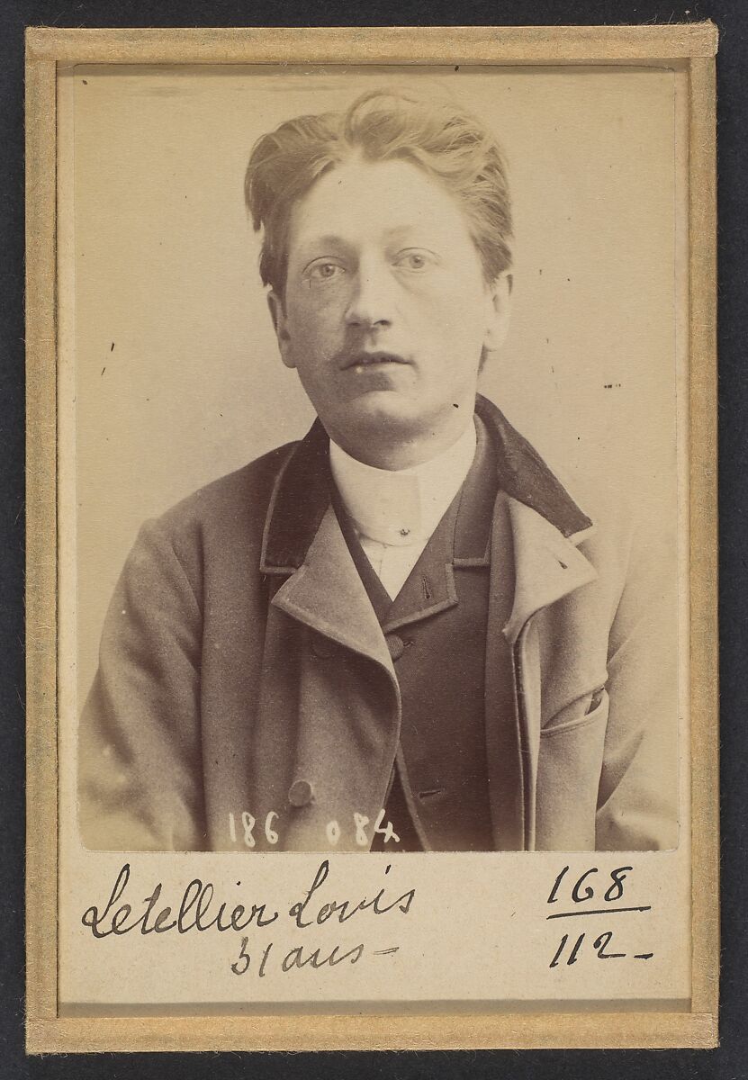 Letellier. Louis, Auguste. 29 ans, né à Rouen (Seine-Inférieure). Employé. Anarchiste. 23/4/92., Alphonse Bertillon (French, 1853–1914), Albumen silver print from glass negative 