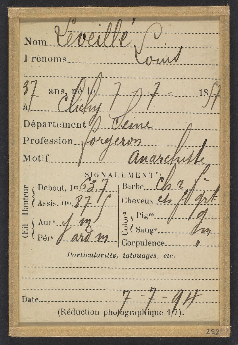 Leveillé. Louis. 37 ans, né le 7/7/57 à Cliche (Seine). Forgeron. Anarchiste. 7/7/94., Alphonse Bertillon (French, 1853–1914), Albumen silver print from glass negative