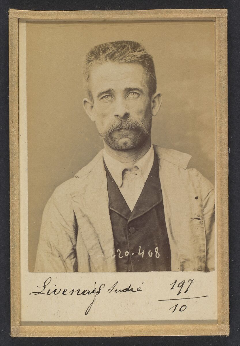 Livenais (ou Livenay), André. 39 ans, né à Renazé (Mayenne). Garçon de magasin. Anarchiste. 2/7/94., Alphonse Bertillon (French, 1853–1914), Albumen silver print from glass negative 