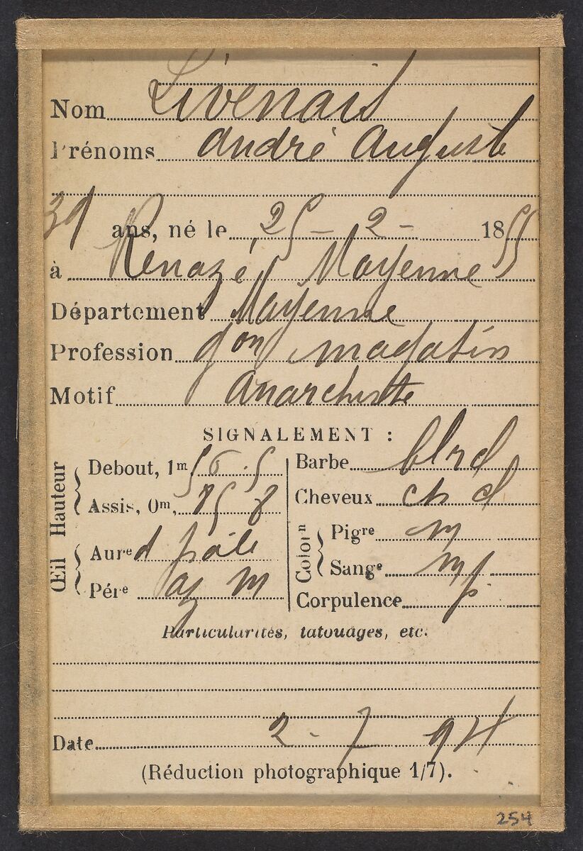 Livenais (ou Livenay), André. 39 ans, né à Renazé (Mayenne). Garçon de magasin. Anarchiste. 2/7/94., Alphonse Bertillon (French, 1853–1914), Albumen silver print from glass negative