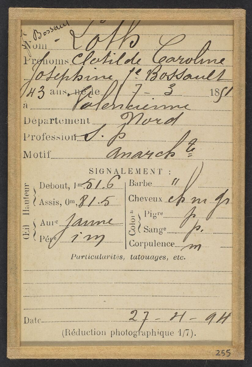 Loth. Clotilde, Caroline (femme Bossant). 43 ans, née à Valenciennes. Sans profession. Anarchiste. 27/4/94., Alphonse Bertillon (French, 1853–1914), Albumen silver print from glass negative
