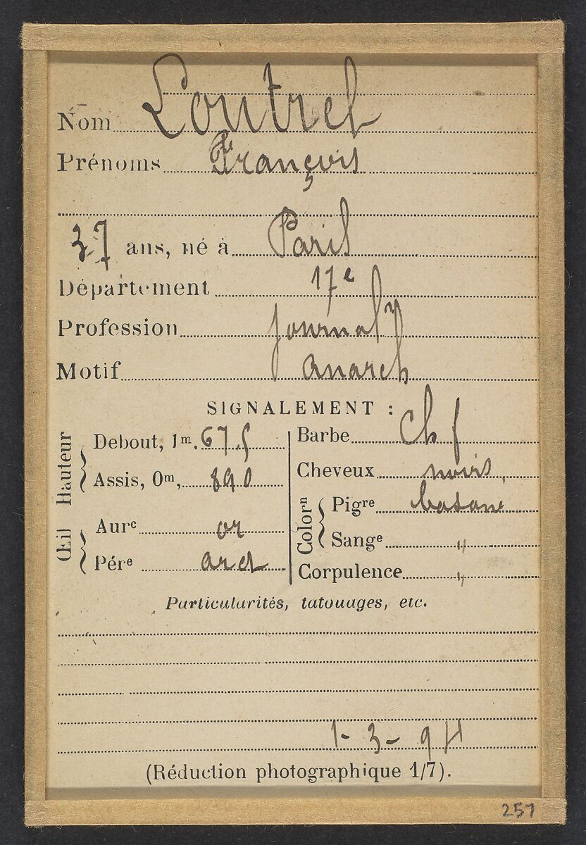 Loutrel. François. 37 ans, né à Paris XVlle. Journalier. Anarchiste. 1/3/94., Alphonse Bertillon (French, 1853–1914), Albumen silver print from glass negative