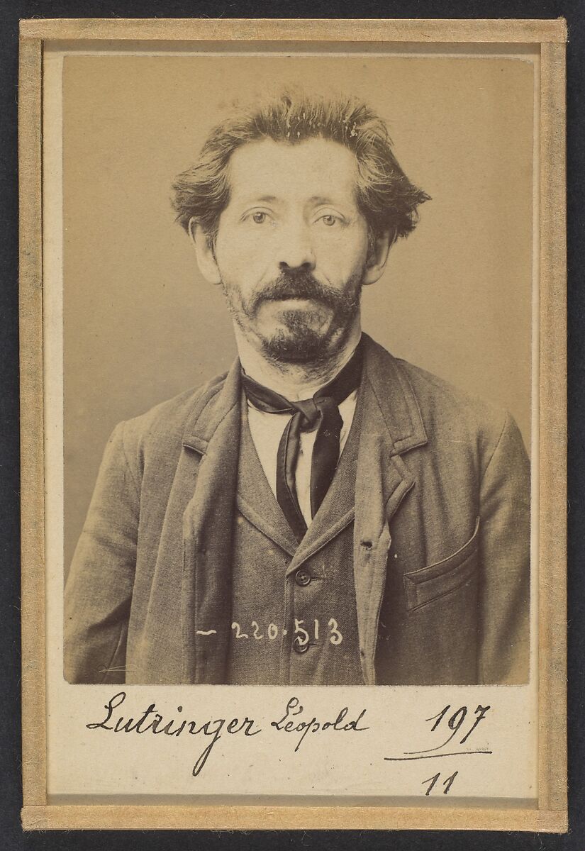 Lutringer. Pierre, Léopold. 43 ans, né le 25/11/50 à Stenay (Meuse). Cordonnier. Anarchiste. 3/7/94., Alphonse Bertillon (French, 1853–1914), Albumen silver print from glass negative 